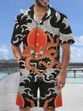 Ukiyo-e Auspicious Cloud And Giant Red Octopus Printing Hawaiian Cuban Collar Short Sleeve Shirt Set