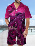 Hawaiian Summer Colorful Psychedelic Hippie Octopus Printing Cuban Collar Short Sleeve Shirt Set