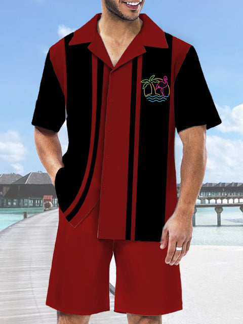 Vintage Red And Black Seaside Coconut Tree Flamingo Printing Hawaiian Cuban Collar Short Sleeve Shirt Set