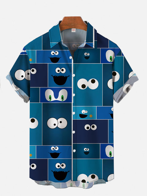 Modern Art Blue Plaid And Big-Eyed Cartoon Characters Personalized Printing Costume Short Sleeve Shirt