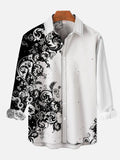 Black And White Color Contrast Art Ethnic Style Floral Printing Long Sleeve Shirt