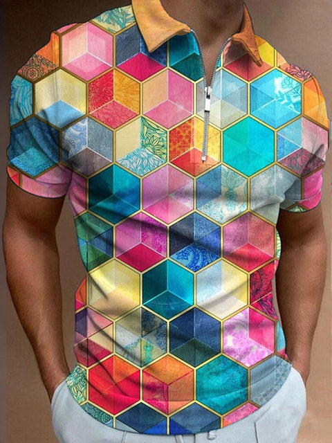 Abstract Geometric Rainbow Marble Mosaic Hippie Printing Short Sleeve Polo