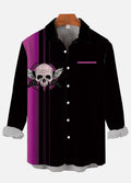 Retro Black And Purple Stripe Button Down Winged Skull Printing Breast Pocket Long Sleeve Shirt