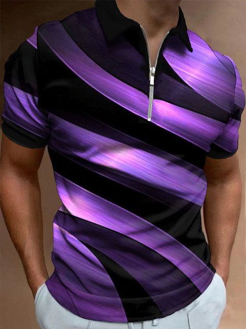 Black And Purple Gradient Geometric Stripes Printing Short Sleeve Polo