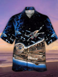 Eye-catching Spaceships Flying & Fighting in the Universe Printing Cuban Collar Hawaiian Short Sleeve Shirt