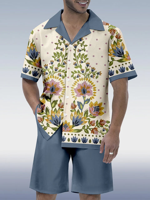 Vintage Floral Printing Hawaiian Cuban Collar Short Sleeve Shirt Set