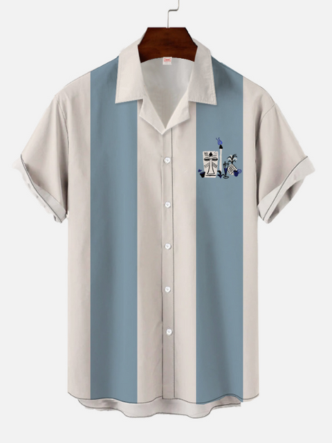 Eye-Catching Vintage Camping Gray-Blue Stripes And Geometric Tiki Printing Cuban Collar Hawaiian Short Sleeve Shirt