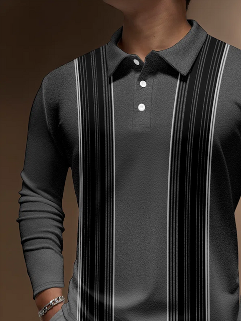 Black Abstract Striped Printing Long Sleeve Polo