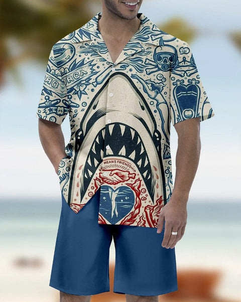 Beach Hawaiian Mermaid And Skull Doodle Shark Printing Hawaiian Cuban Collar Short Sleeve Shirt Set