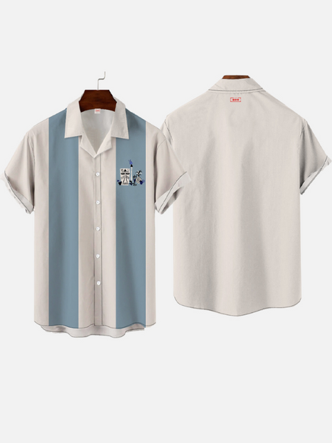 Eye-Catching Vintage Camping Gray-Blue Stripes And Geometric Tiki Printing Cuban Collar Hawaiian Short Sleeve Shirt