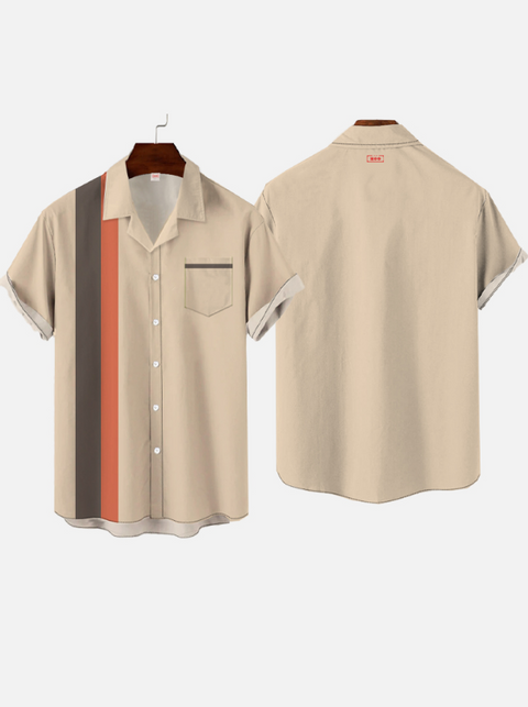Eye-Catching Vintage khaki and Multicolor Stripes Stitching Printing Breast Pocket Cuban Collar Hawaiian Short Sleeve Shirt