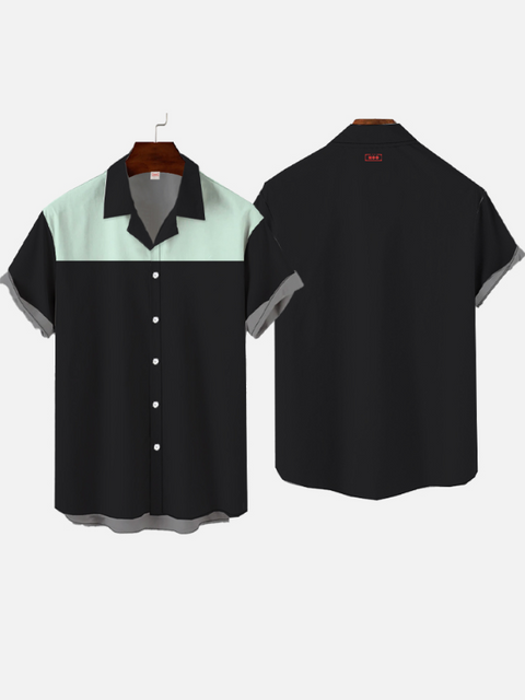 Eye-Catching Retro 1960S Black And Teal Stitching Printing Cuban Collar Hawaiian Short Sleeve Shirt