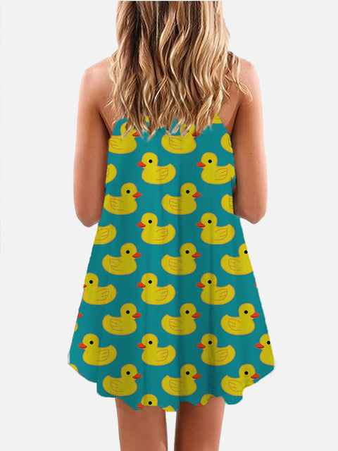 Hawaiian Yellow Duck Printing Sleeveless Camisole Dress