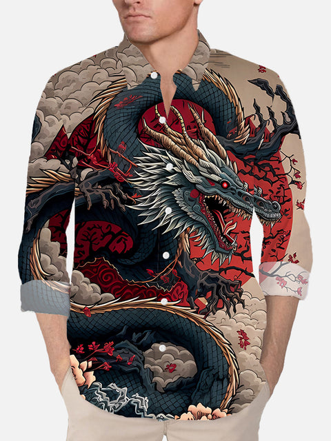Ukiyo-e Curvy Great Angry Dragons Fire Printing Long Sleeve Shirt