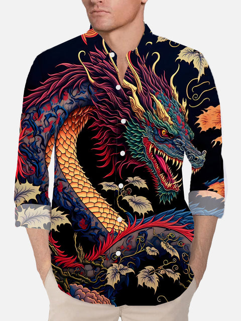 Mysterious Oriental Traditional Chinese Dragon Printing Long Sleeve Shirt