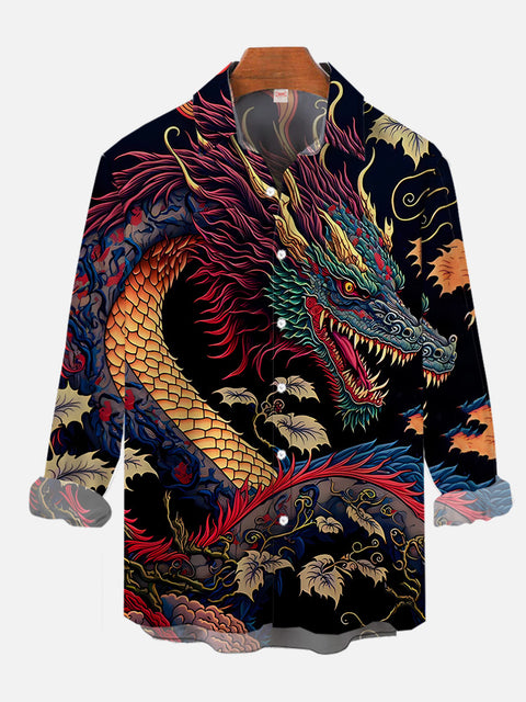 Mysterious Oriental Traditional Chinese Dragon Printing Long Sleeve Shirt