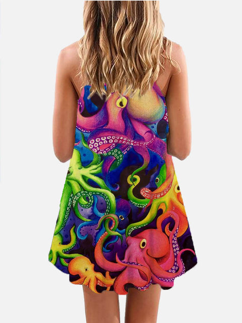 Hippie Colorful Deep-Sea Creature Octopus Printing Sleeveless Camisole Dress