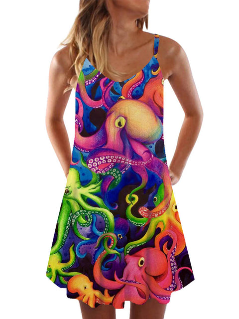 Hippie Colorful Deep-Sea Creature Octopus Printing Sleeveless Camisole Dress