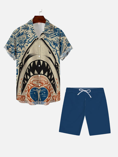 Beach Hawaiian Mermaid And Skull Doodle Shark Printing Hawaiian Cuban Collar Short Sleeve Shirt Set