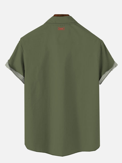 Vacation Style Black And Green Striped Coconut Tree Printing Hawaiian Cuban Collar Short Sleeve Shirt Set