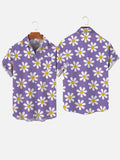 Retro 90s Vintage Purple Daisy Printing Breast Pocket Short Sleeve Shirt