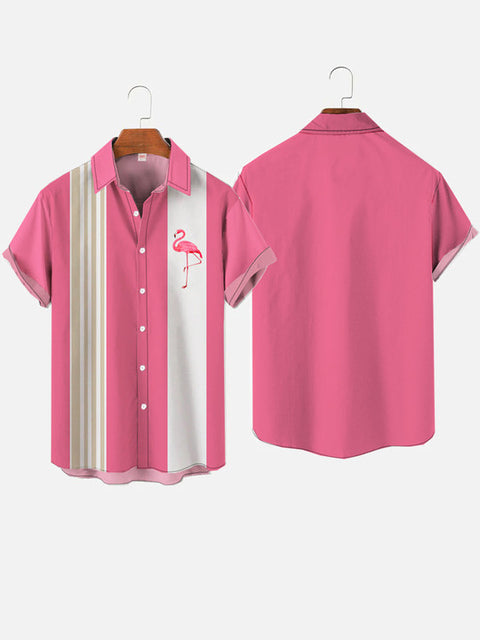 Pink White Contrasting Color And Flamingo Printing Hawaiian Short Sleeve Shirt