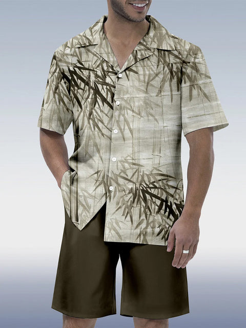 Green Ink Painting Elegant Bamboo Hawaiian Cuban Collar Short Sleeve Shirt Set