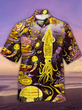 Eye-Catching Fantasy Ocean Golden Squid And Jellyfish Printing Cuban Collar Hawaiian Short Sleeve Shirt