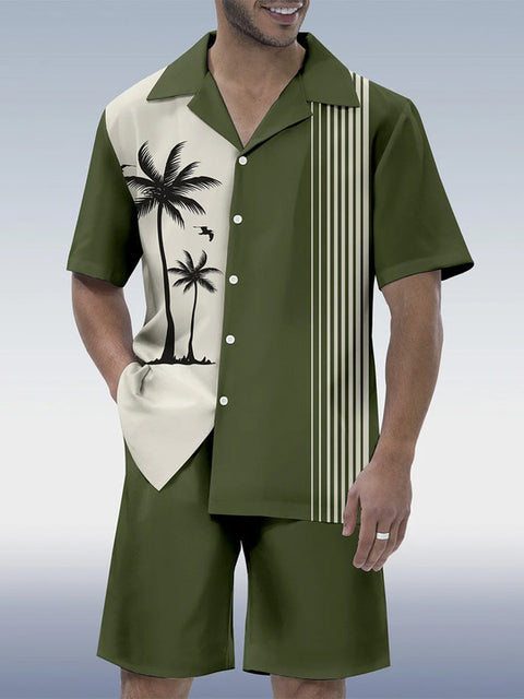 Vacation Style Green Color Matching Coconut Tree Printing Hawaiian Cuban Collar Short Sleeve Shirt Set