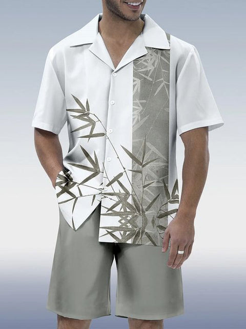 White And Green Stitching Retro Bamboo Hawaiian Cuban Collar Short Sleeve Shirt Set