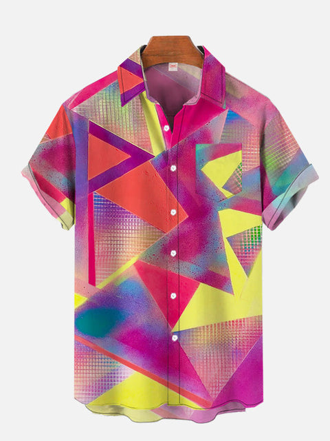 Abstract Geometric Colorful Three-Dimensional Triangle Pattern Printing Breast Pocket Short Sleeve Shirt