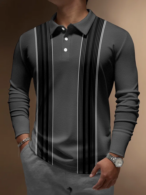 Black Abstract Striped Printing Long Sleeve Polo