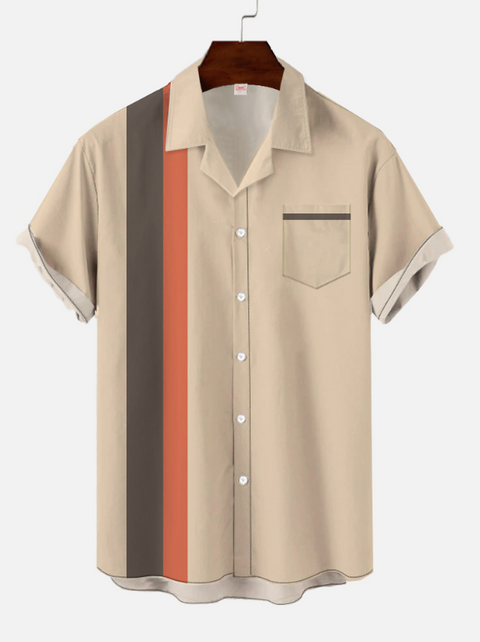 Eye-Catching Vintage khaki and Multicolor Stripes Stitching Printing Breast Pocket Cuban Collar Hawaiian Short Sleeve Shirt