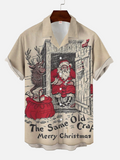 Retro Christmas Elements Merry Christmas! Elk And Santa Printing Cuban Collar Men's Short Sleeve Shirt