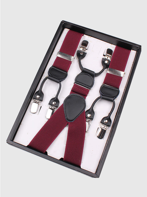 Bretelles élastiques pour hommes à six clips rouge foncé