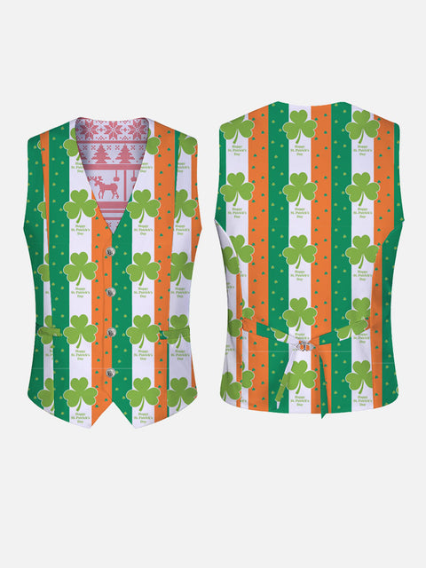 Irish Flag Clovers Printing V-Neck Suit Vest/Tuxedo Waistcoat And Tie, Can be Worn on Both Sides