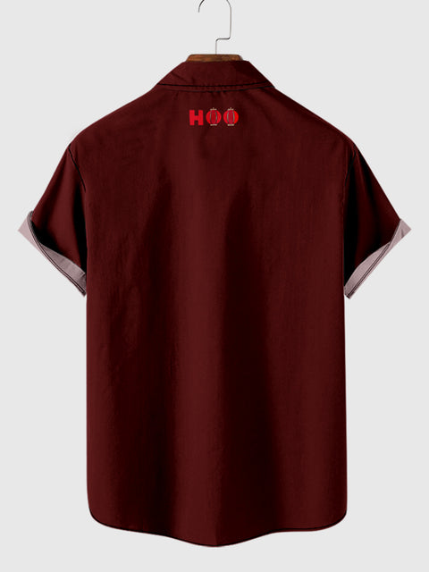 HOO 1960s Orange Paper Cut Painting Imprimé &amp; Red Stitching Men's Short Sleeve Shirt