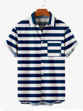 Vintage Blau-Weiß Querstreifen Umlegekragen Button-Down Herren Kurzarmhemd