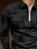 Geometric Art Black-Gold Stripe Pattern Printing Men‘s Long Sleeve Polo