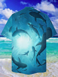 Eye-Catching Blue Natural Shark And Mermaid Print Cuban Collar Hawaiian Short Sleeve Shirt
