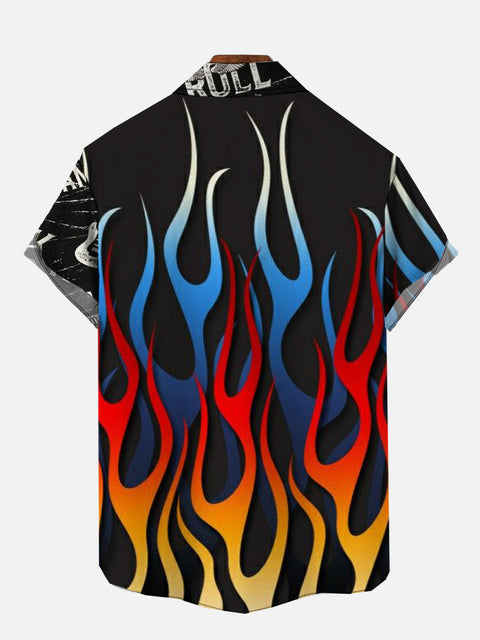 Rockabilly Style Rock And Roll Graffiti Fire Flame Pattern Stitching Printing Short Sleeve Shirt