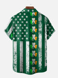 Green St. Patrick's Day Irish Lucky Clovers And American Flag Printing Short Sleeve Shirt