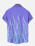 Gradient Purple Fire Flame Pattern Printing Breast Pocket Short Sleeve Shirt