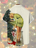 Christmas Elements Smiling Blonde Beauty And Santa Claus Printing Men's Short Sleeve Shirt
