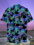 Eye-Catching Psychedelic Hippie Colored Spiral Twisted Skulls Printing Cuban Collar Hawaiian Short Sleeve Shirt