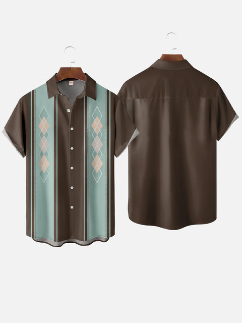 Vintage 50s Linear Geometric Rhombus Pattern Brown Stripes Printing Short Sleeve Shirt