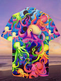 Eye-Catching Colorful Deep-Sea Creature Octopus Printing Cuban Collar Hawaiian Short Sleeve Shirt