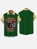 Green And Khaki Patchwork Black Retro Car Printing Short Sleeve Shirt