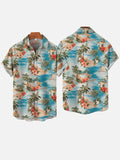 Vintage Blue Tropical Floral Button Down Hawaiian Breast Pocket Short Sleeve Shirt
