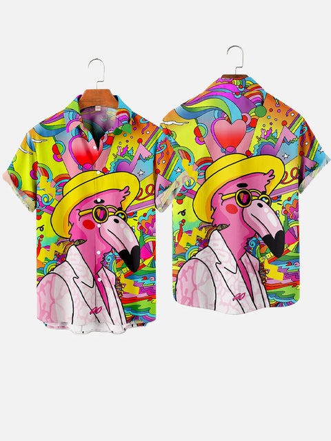 Psychedelic Hippie Vacation Rock Flamingo Printing Hawaiian Short Sleeve Shirt